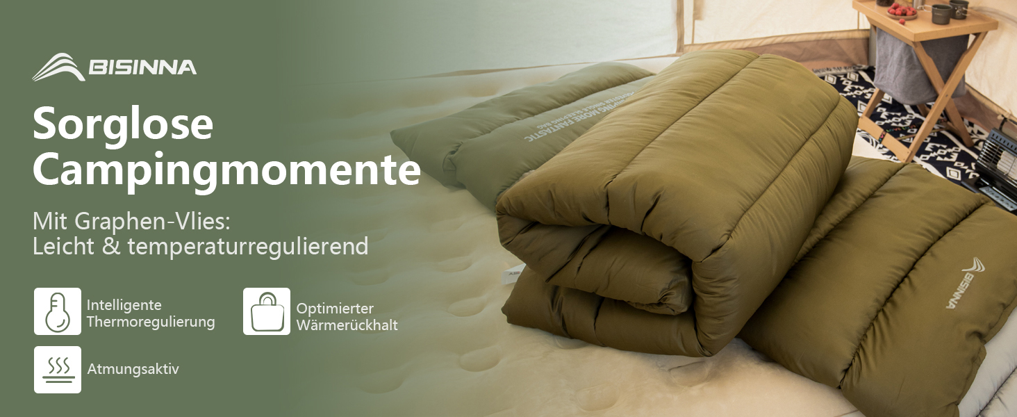 Спальний мішок BISINNA для дорослих: Graphene Polyester, 4 сезони, 220x90 см, водонепроникний, дихаючий, тихий