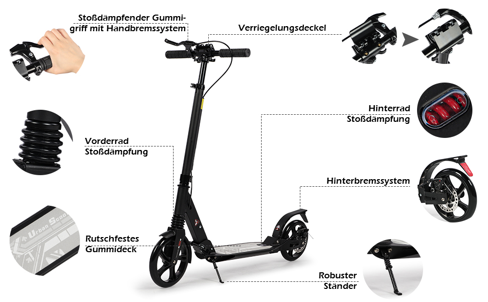 Дитячий та дорослий електричний самокат з великими колесами 200 мм, складний, з гальмами та амортизацією, чорний