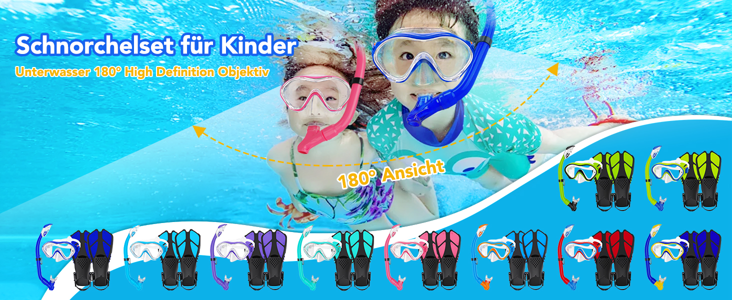 Набір для снорклінгу для дітей з ластами, маска з панорамою 180° проти запотівання, регульовані ласти, високоякісна маска для дайвінгу та сухий снорк (рожевий)