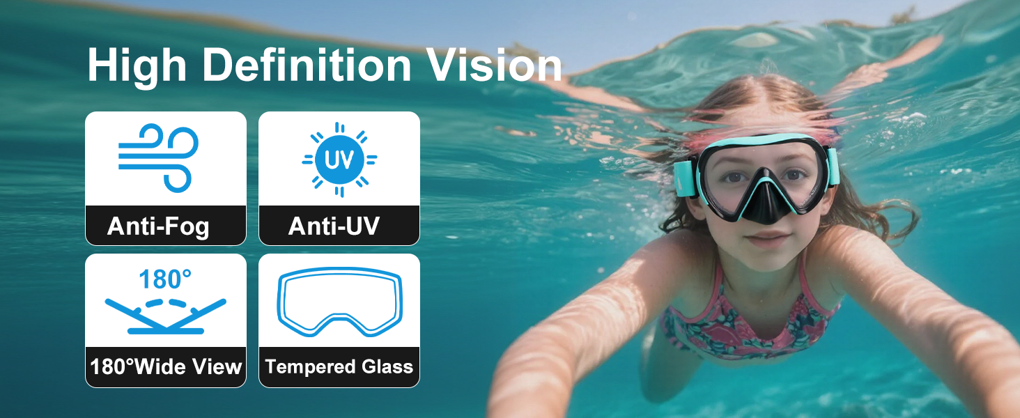 Дитяча маска для снорклінгу Kinder з трубкою, 180° панорама, анти-запітніння, блакитна (4-16 років)