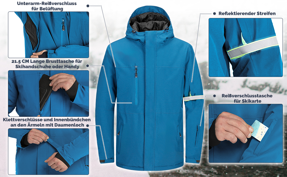 Чоловіча лижна куртка 33000ft: Водонепроникна, вітрозахисна, тепла, функціональна куртка для сноуборду та лиж. Softshell з капюшоном, колір: блакитний (S)