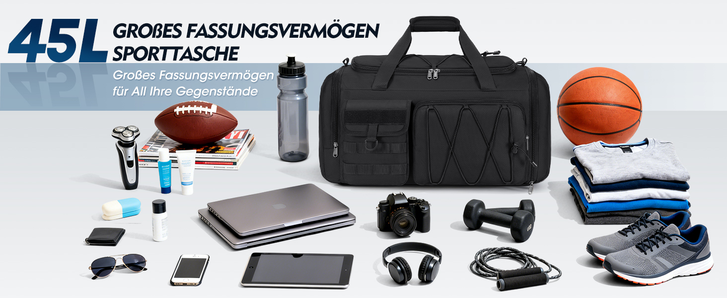 Спортивна сумка RAINSMORE 45L 3-в-1 для фітнесу та подорожей, водонепроникна дорожня сумка з відділенням для взуття та мокрих речей, чорна