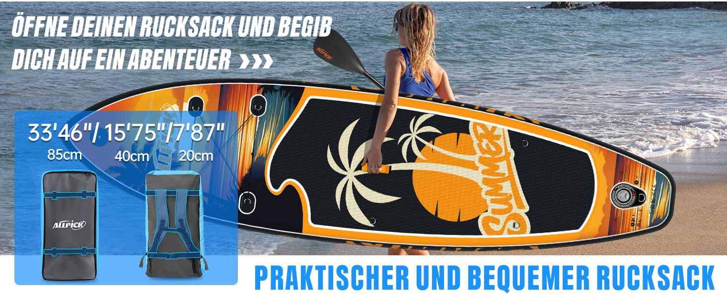 Набір SUP-дошки ALLPICK Premium: надувна дошка для сапсерфінгу з кріпленням для камери, повний комплект аксесуарів, регульоване весло, для початківців та досвідчених, 200 кг (Колір: Захід сонця - Оранжевий)