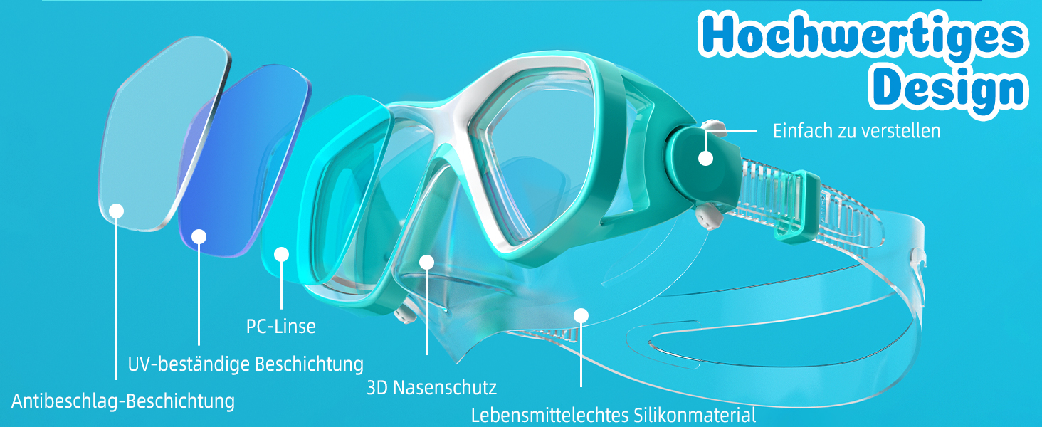 Дитяча маска для снорклінгу COOLOO з тканиною, дитячі окуляри для плавання з насадкою на ніс для хлопчиків і дівчаток-підлітків, 【Патентовано】Маска для снорклінгу 180° Панорама HD, проти запотівання, проти протікання для дітей 4-16 років (4 моделі 2/ Зелений/ Силіконовий ремінець)
