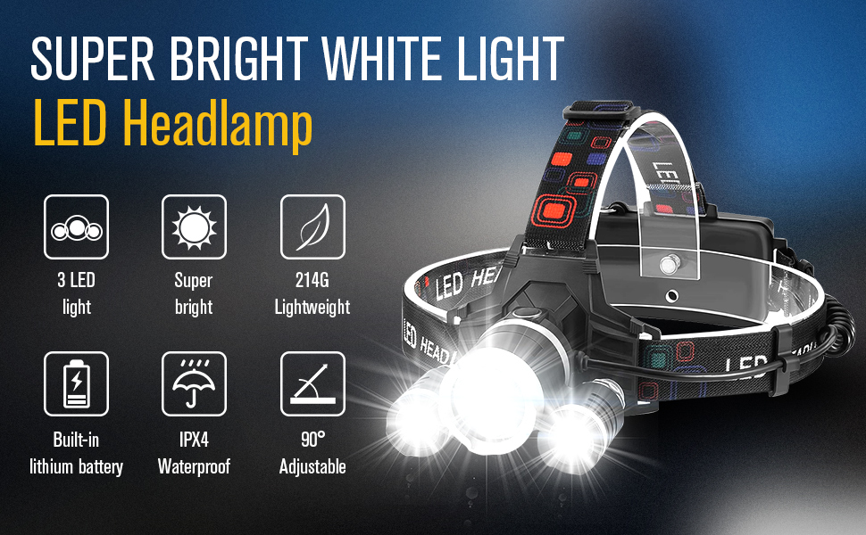 LED налобний ліхтар, 2 шт., перезаряжається, 230° широкий кут, 3 LED, датчик світла, водонепроникний, легкий. Ідеально для бігу, риболовлі та інших активностей. Білий світловий потік *2 (білий).