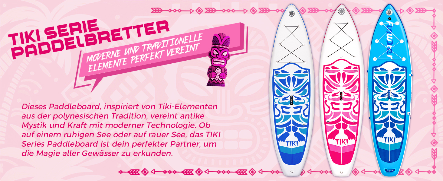 Надувний SUP (Stand Up Paddle Board) FunWater 10'6' & 11'6' з аксесуарами: весло, насос, рюкзак, плавники. Підходить для будь-якого рівня майстерності. Колір: Рожевий (Tiki).
