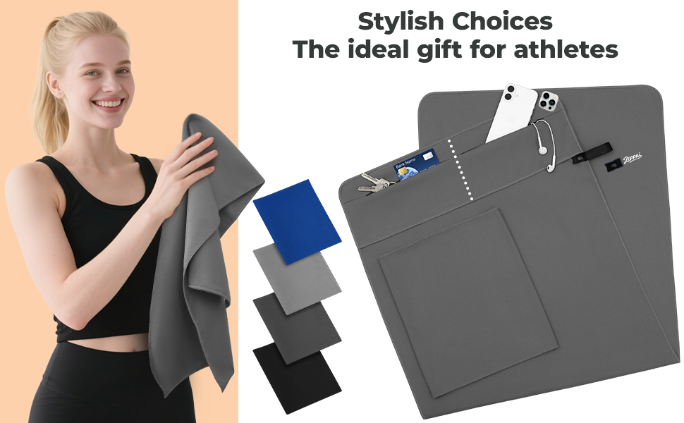 Рушник для фітнесу Zepphi 120x50 см + 80x30 см | Мікрофібра, кишеня на блискавці | Для спортзалу та тренувань | Швидковисихаючий, компактний | Темно-сірий