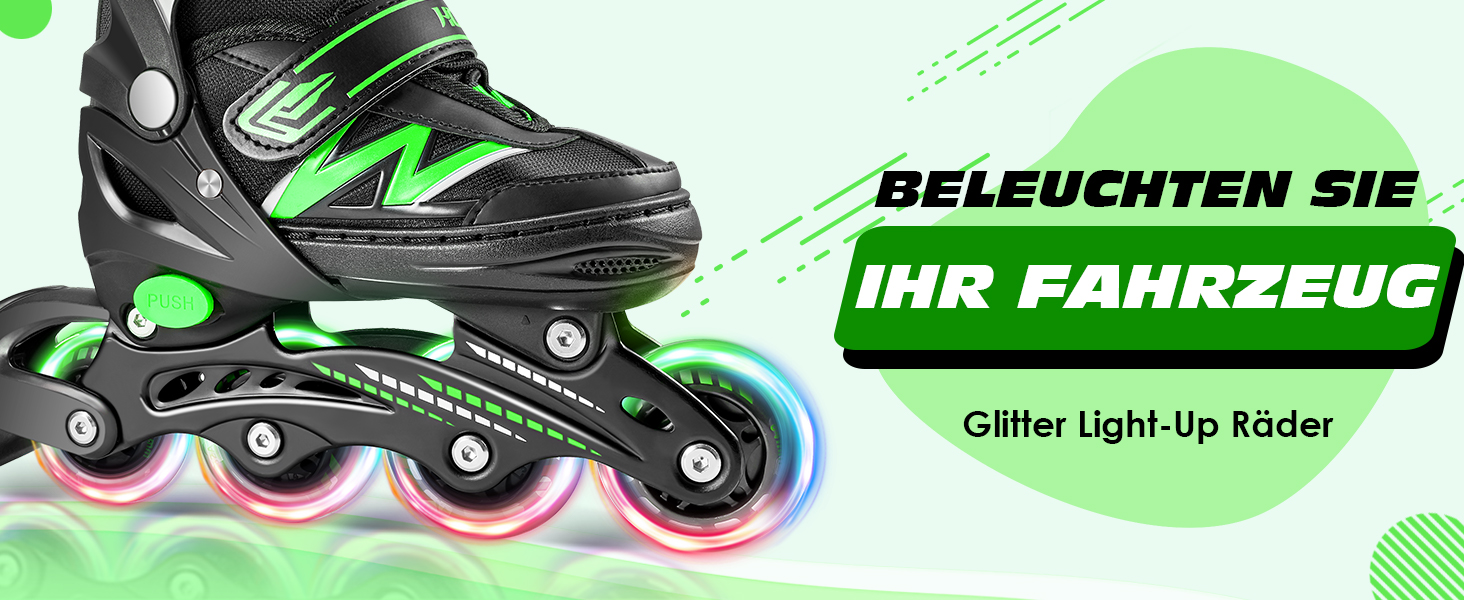 Роликові ковзани Hozzen для дітей, регульовані, ролики для дівчаток та хлопчиків, ролики з колесами, що світяться в темряві, ролики для використання в приміщенні та на вулиці, чорно-зелені