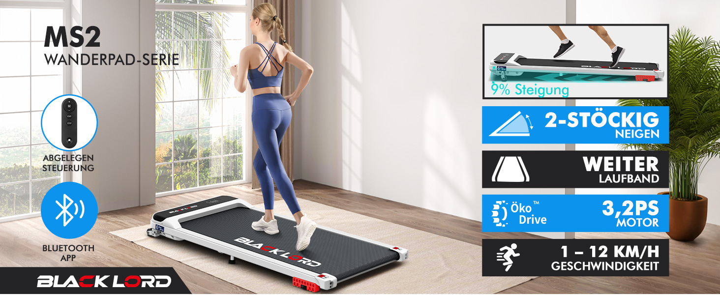 Електричний біговий тренажер BLACK LORD з нахилом 9%, 3.2 PS, 4-в-1 для дому та офісу, 12 програм, динамік, 140 кг, білий