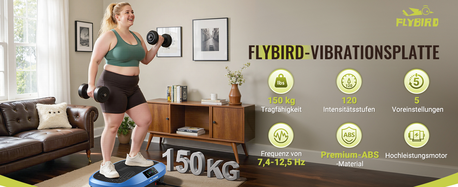 Вібраційна платформа FLYBIRD для всього тіла з пультом дистанційного керування, 120 швидкостей, 150 кг, N-блакитний (Переможець тесту 2025)