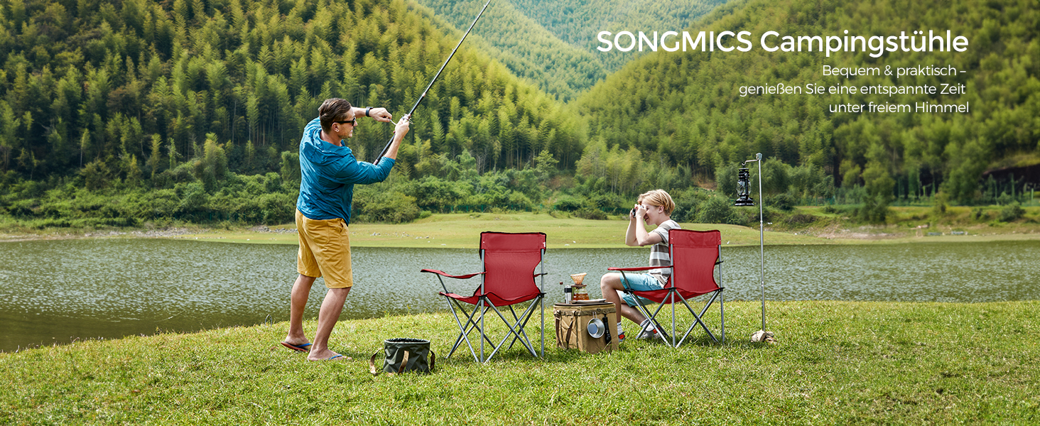 SONGMICS Крісла для кемпінгу, складні, вуличні, зручні, з підлокітниками та тримачем для напоїв, стабільний каркас, вантажопідйомність 120 кг, 2 шт (Червоний)