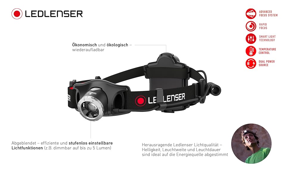Ліхтар налобний LED Ledlenser H7R.2, акумуляторний, 600 люмен, фокусований, до 120 годин роботи, червоне заднє світло, поворотний, USB-кабель