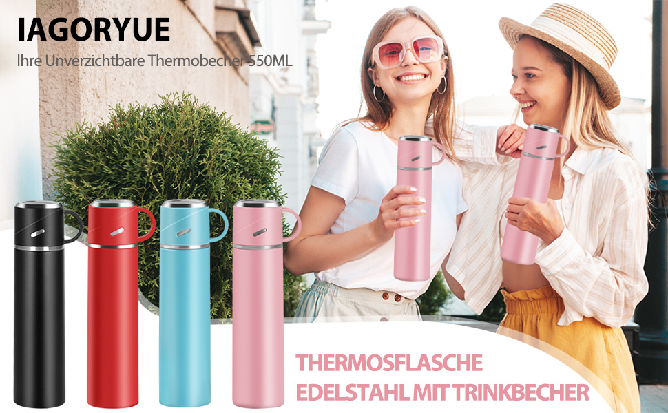 Термос IAGORYUE з нержавіючої сталі, 0,55 л, з герметичним кришкою та ручкою, подвійні стінки, зберігає тепло/холод до 12 годин, для спорту, офісу, відпочинку на природі (Рожевий)