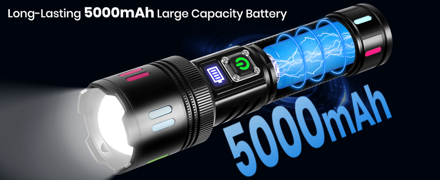 PEAKRO LED ліхтарик на акумуляторі, 5000mAh, USB-C, 5 режимів, тактичний, Zoom, IPX7, водонепроникний, для активного відпочинку та надзвичайних ситуацій