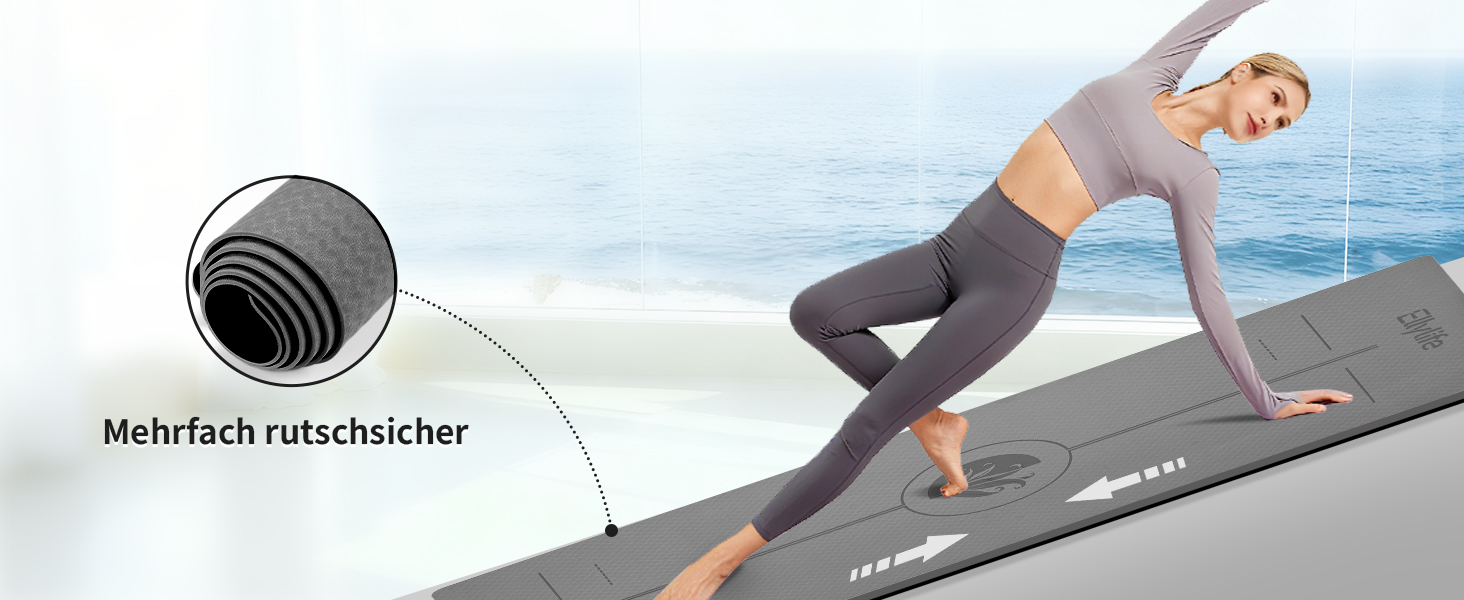 Протиковзкий килимок для йоги та пілатеса з еко-каучуку та TPE, 6мм, сірий — з лініями розмітки та ременем для перенесення