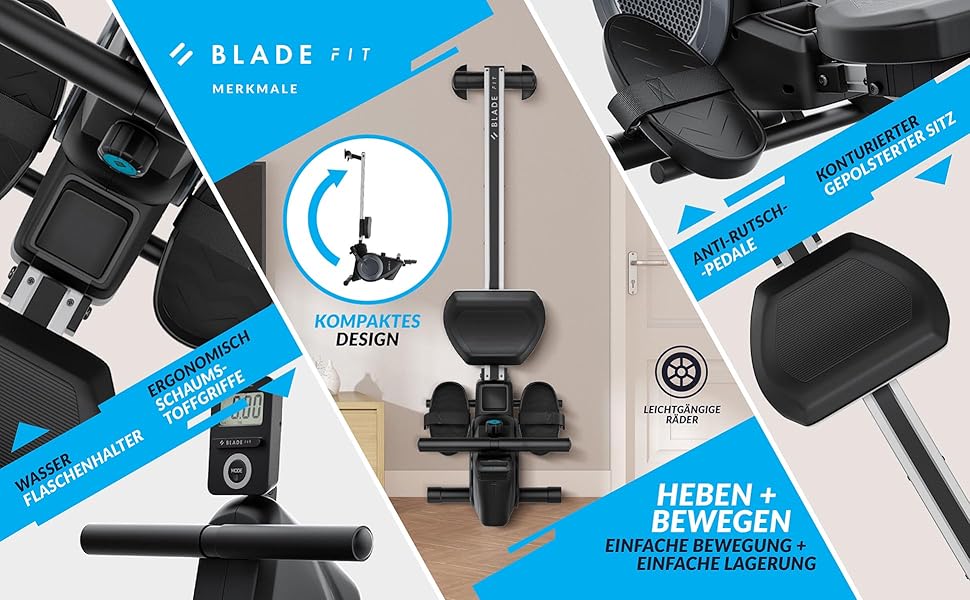 Bluefin Fitness Blade FIT: Гребний тренажер, сумісний з Kinomap, складаний, з LCD-консолью та мобільним додатком