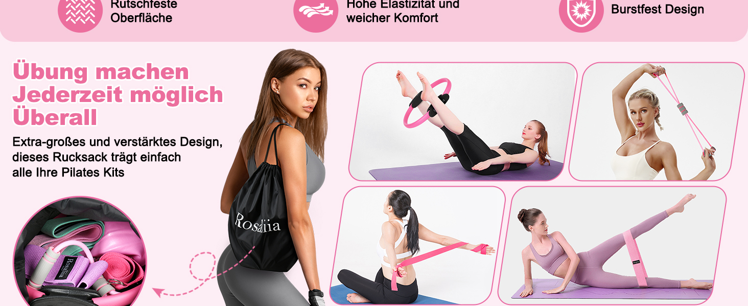 Набір для пілатесу: кільце, фітнес-гумка для стегон, стрічка для розтяжки, фітнес-постер (рожевий)