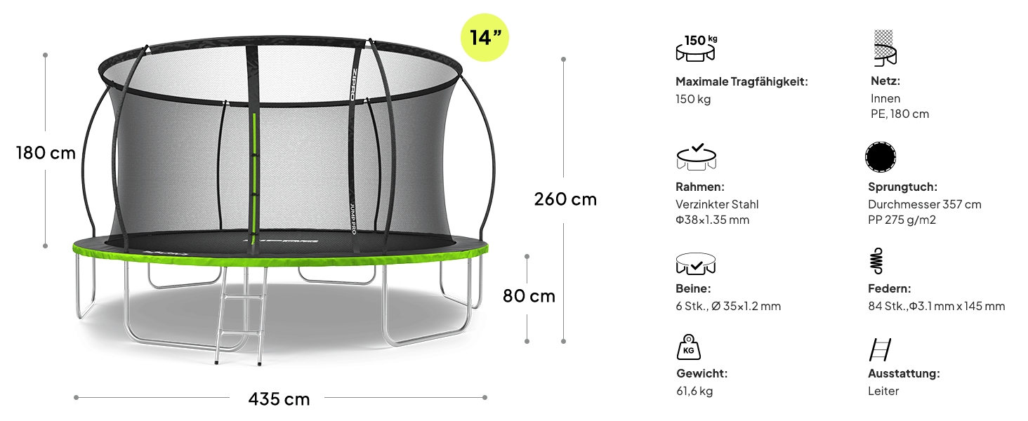 ZIPRO JumpPro Premium Трамплін для дітей Outdoor з сіткою, вологостійкий, захист від УФ, проста збірка, вантажопідйомність до 150 кг, діаметр 252/312/374/435/496 см