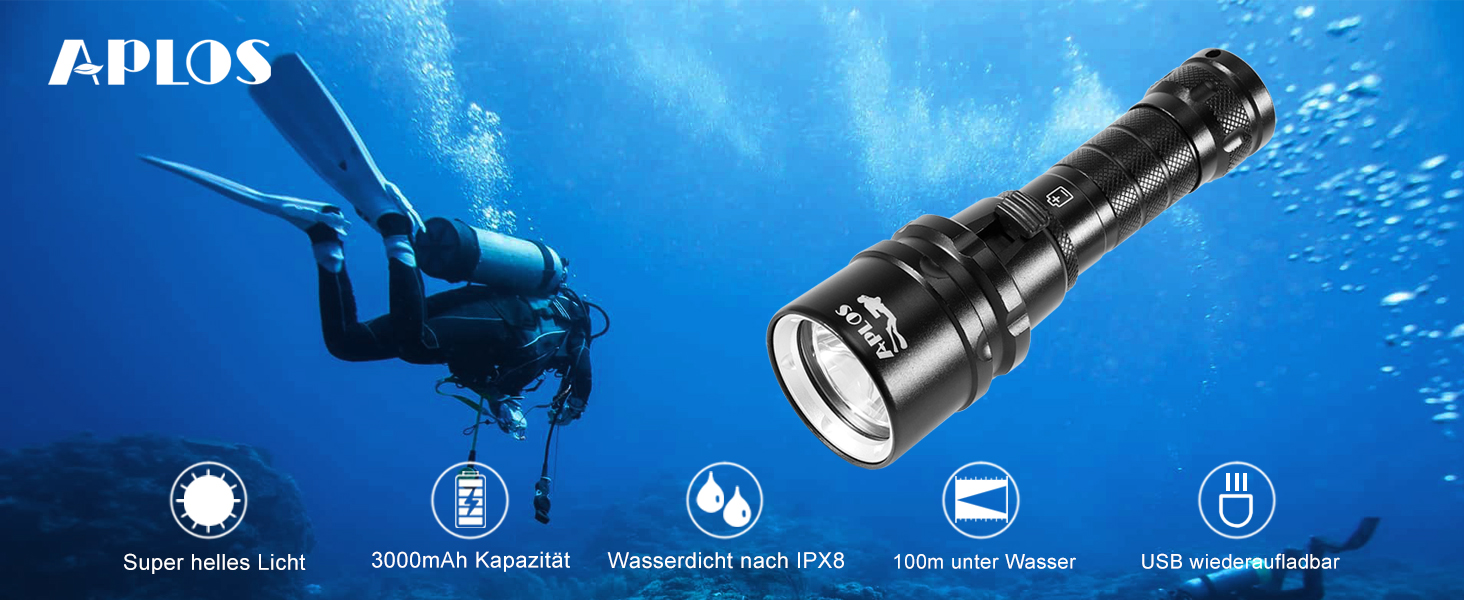Ліхтар підводний APLOS AP30 3000lm з індикатором, водонепроникний IPX8, акумуляторний професійний