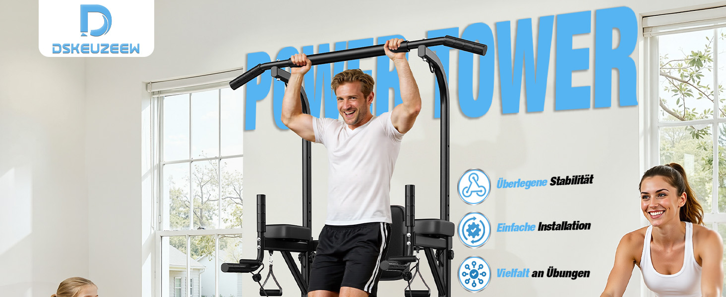 Багатофункціональна турнікова станція Dskeuzeew Power Tower для домашнього фітнесу, стійка для підтягувань та брусів, макс. навантаження 205 кг, чорна
