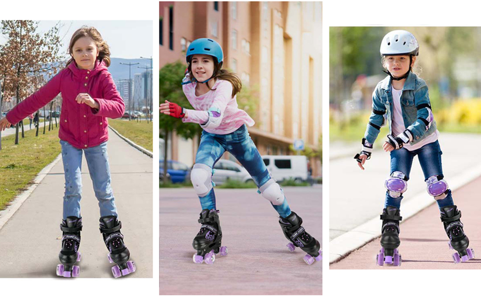 Дитячі ролики Kinder Quad для дівчаток та хлопчиків, 4 розміри, світлові колеса, для дому та вулиці (L, фіолетовий)