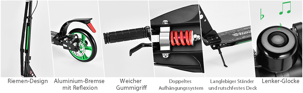 COSTWAY Розкладний самокат для дітей та дорослих, зелений, з дзвіночком та підставкою, до 100 кг