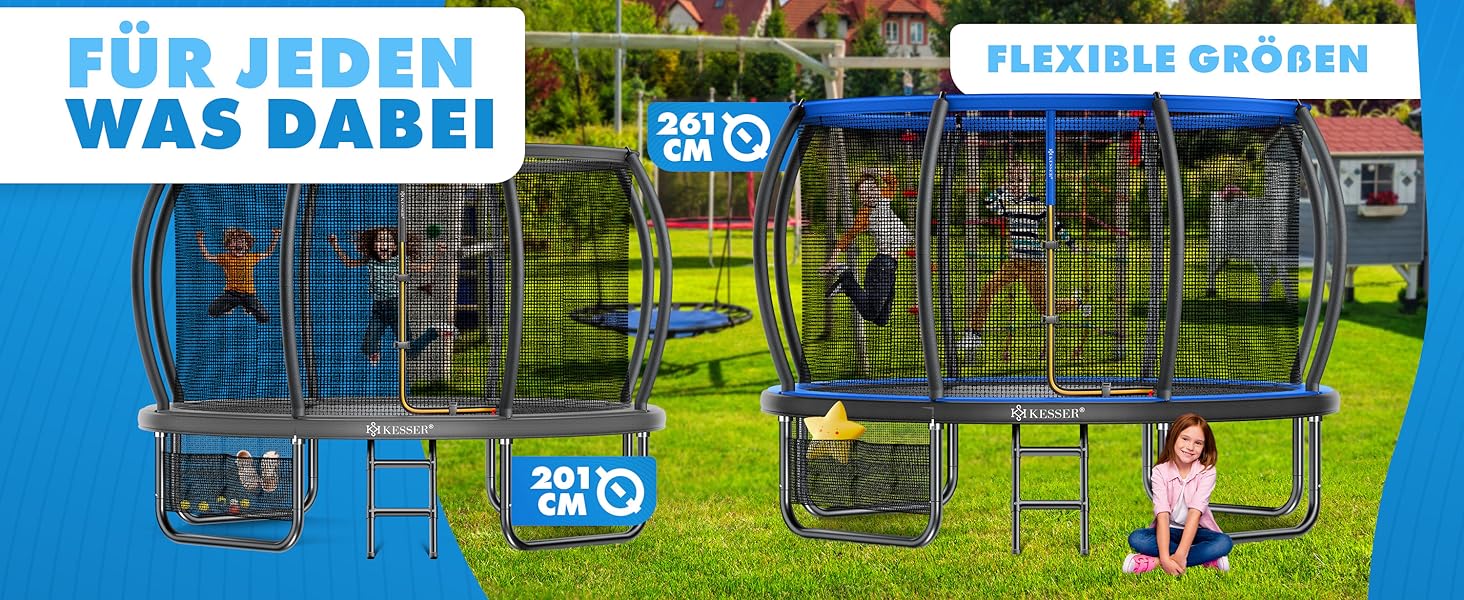 Батут KESSER® Outdoor Ø 244/305/366/427 см з сертифікатом GS, для дітей та дорослих (до 150 кг) з захисним сітком, сумкою, сходами, захисним бортиком та м'якими стійками сітки, антрацит