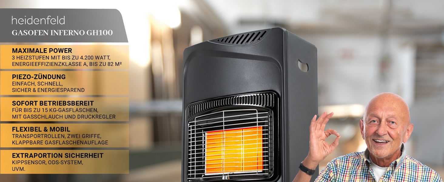Газовий нагрівач Heidenfeld Inferno GH100 - 4200 Вт - для приміщень - газовий нагрівач, газовий опалювач, газовий котел