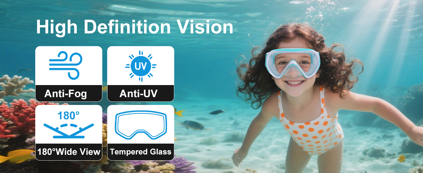 Дитяча маска для снорклінгу Kinder з трубкою, 180° панорама, проти запотівання, для дітей 4-16 років (Блакитна)