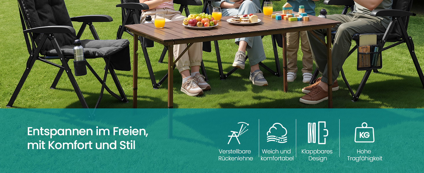 Складний туристичний стілець SONGMICS для відпочинку та риболовлі, чорний, з регульованою спинкою 95°-150°, з підстаканником та кишенею