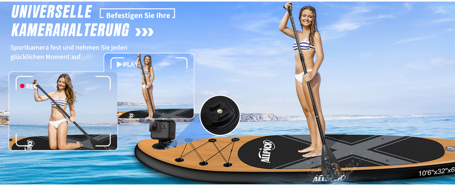 Надувний SUP Борд ALLPICK Premium з аксесуарами, тримачем для камери, регульованим веслом, для початківців та досвідчених, 200 кг, вінтажний дизайн з імітацією текстури дерева