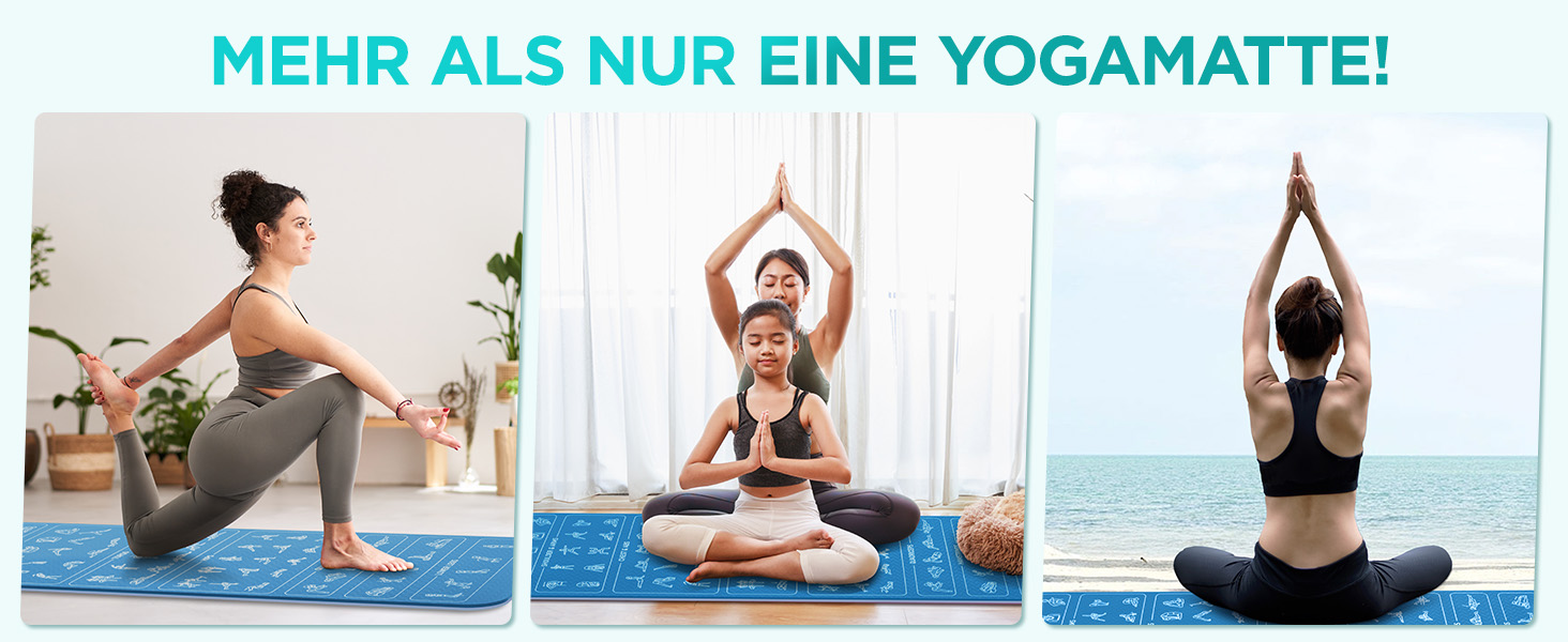 Килимок для йоги Sportmatte – 70 з друкованими позами, неслизький матеріал TPE, для гімнастики, пілатесу, дому та подорожей, фітнес-килимок для жінок та чоловіків, 181x63x0,6 см (Глибокий синій та світло-синій)