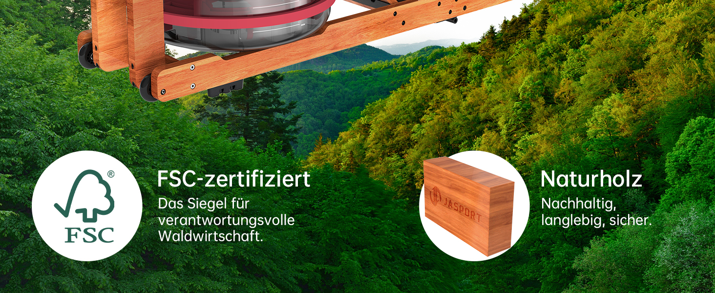 Складальний гребний тренажер R3 з дубового дерева, з Bluetooth LCD-дисплеєм, підтримкою Kinomap, баком для води 28л, ергономічним сидінням та тримачем для планшета, до 150 кг