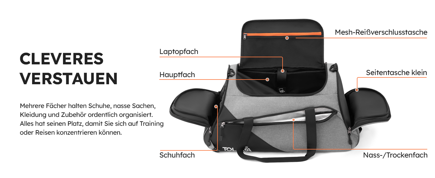 Спортивна сумка Tolaccea 47L з відділенням для взуття та мокрих речей - рюкзак, сумка для подорожей, фітнесу, тренувань (Сірий)
