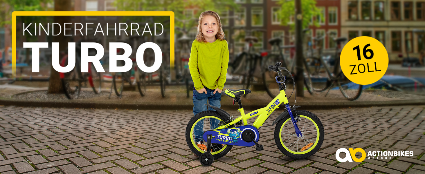 Дитяче велосипед Actionbikes Turbo 12/16 дюймів - V-Brake гальма, захистники, для дівчаток та хлопчиків (2-7 років)