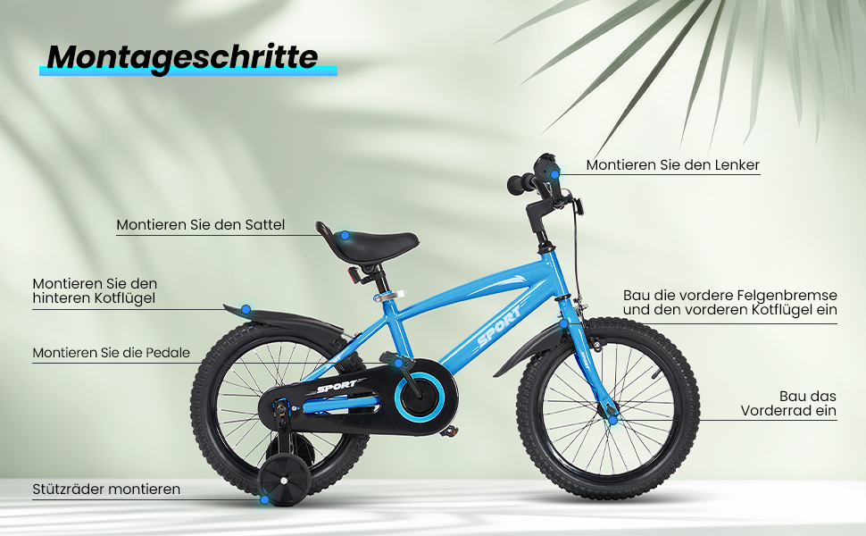 Дитячий велосипед BODIOO 12 дюймів з регульованим сидінням, гальмами, підставками, відбивачем та бризговиком, 84-97 см (Блакитний)