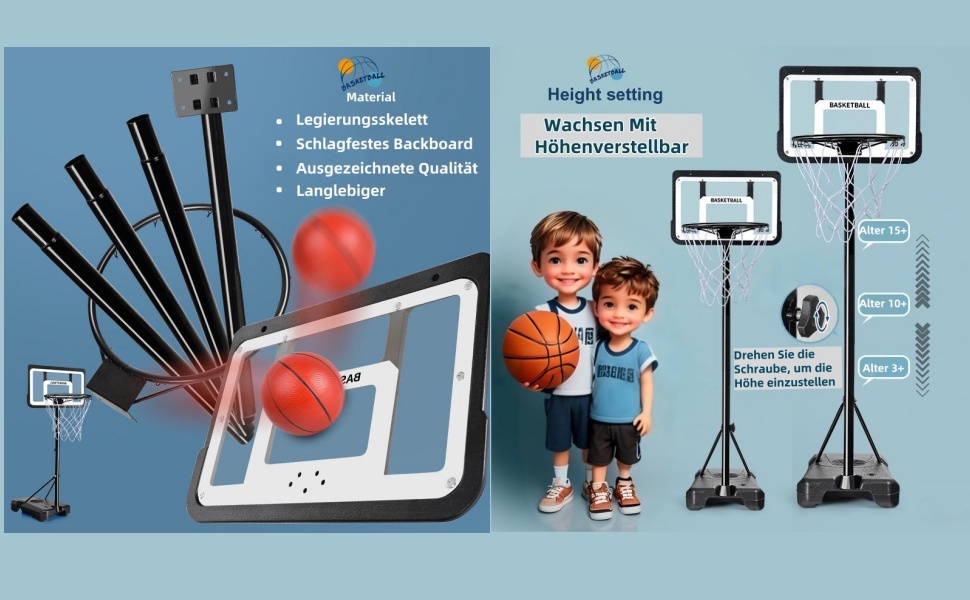 Баскетбольний кошик вуличний з м'ячем та насосом, регульована висота 148-250 см, для дітей 6-12 років