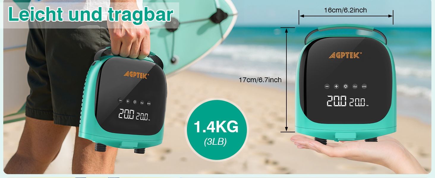 Електричний насос для SUP AGPTEK 20 PSI: автоматичне вимкнення, 12V, для надування та здування SUP-дошок