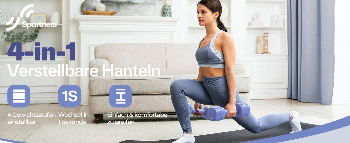 Sportneer Регульовані гантелі для жінок - набір з 2 гантелей (по 1-2,5 кг) з неслизьким TPU-покриттям, 4-в-1 набір гантелей для фітнесу вдома, домашній спортзал та силові тренування (світло-блакитний)