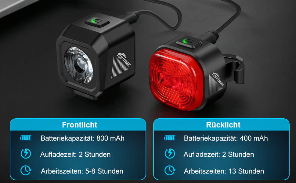 Набір велоліхтарів Toptrek USB, сертифікований StVZO, водонепроникний IPX5, передній та задній ліхтар