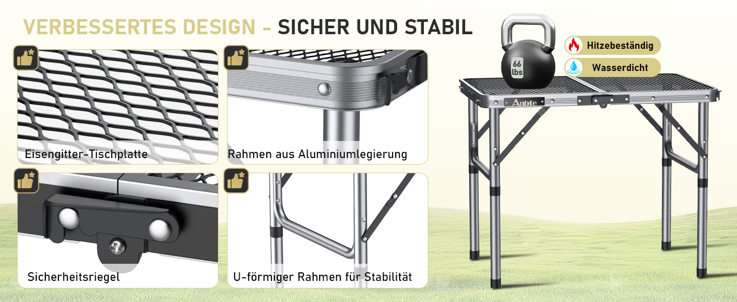 Стіл для кемпінгу Anbte Grilltisch 58x40 см, металевий, з регульованою висотою (26/48/70 см), алюмінієвий каркас, портативний, для пікніка, BBQ, саду, балкону (срібний)
