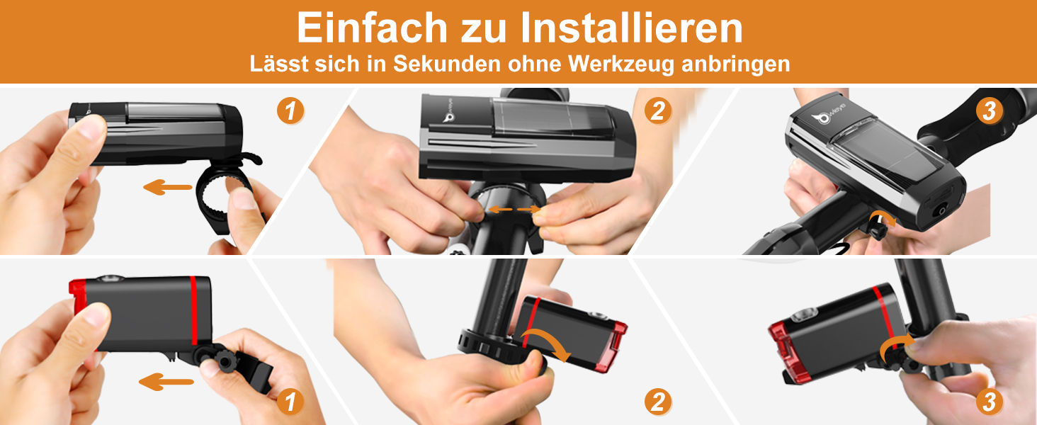 Owleye: комплект велоліхтарів на сонячній енергії, USB-зарядка (Type-C), StVZO, передній + задній ліхтар LED