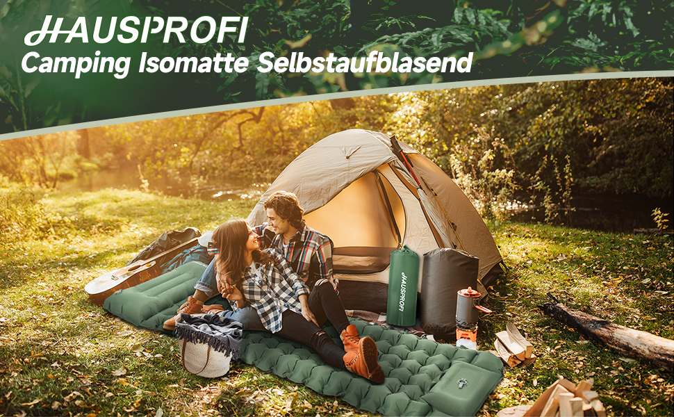 Килимок туристичний самонадувний HAUSPROFI, Ultraleicht, для кемпінгу, з помпою та подушкою, армійний камуфляж