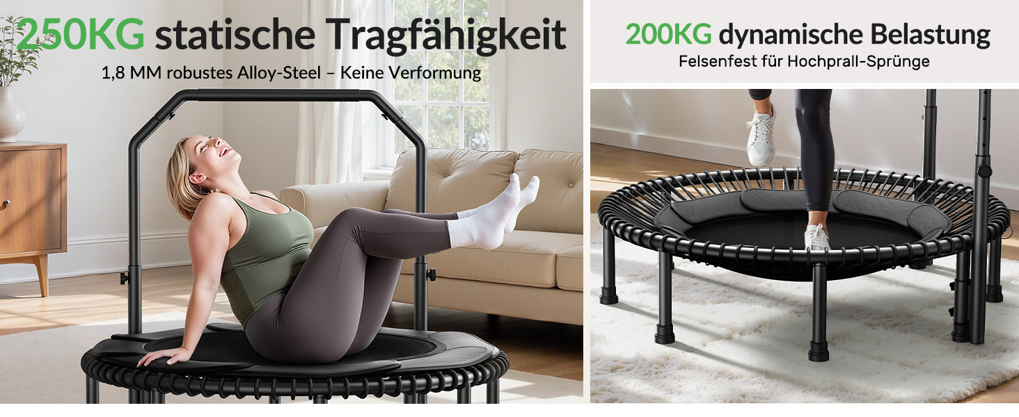 Міні-батут BCAN для дорослих, 102/122 см, до 204/250 кг, з бунжеєвими тросами, регульованою ручкою, стабільний, тихий, для дому та вулиці, тренування всього тіла, релаксація, зелений (122см, 122см-чорний з м'якою обшивкою)