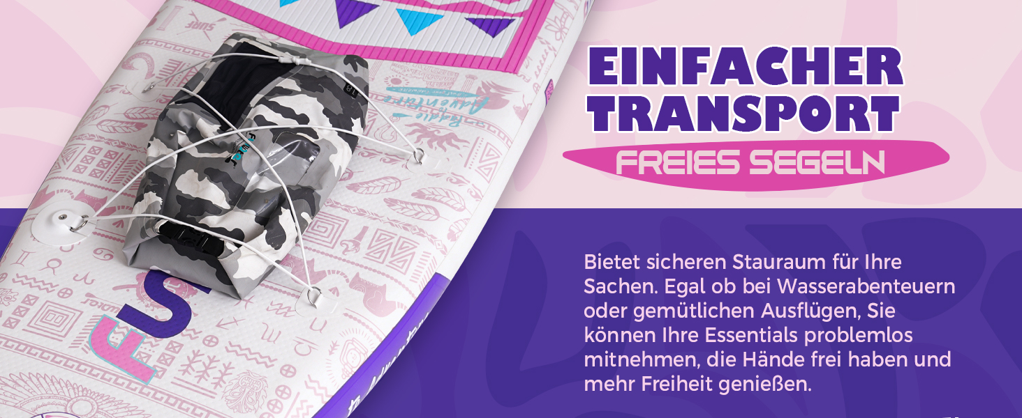 Надувний SUP Борд FunWater 10'6'-11'6' – для початківців та сімей, з антиковзким EVA-деком, веслом, насосом та аксесуарами (10'6-TIKI-Pink/Violett/Weiß)