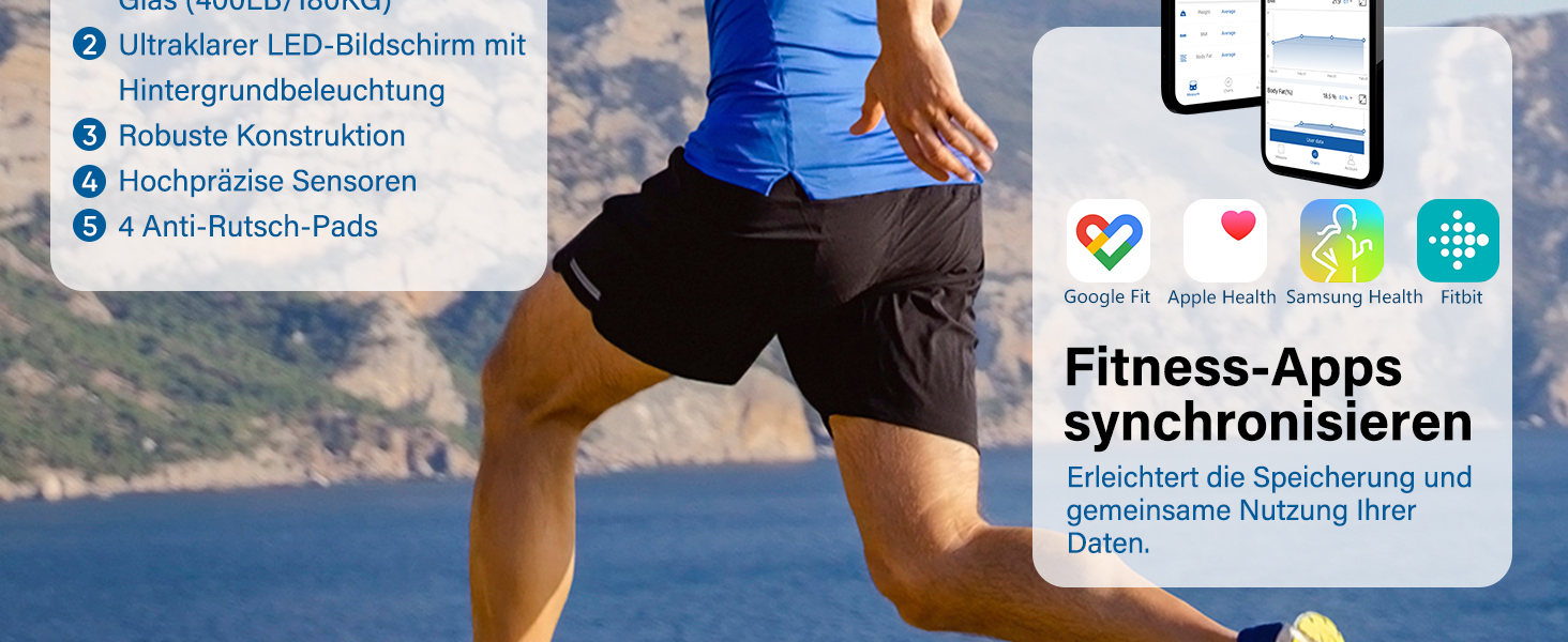 Інтелектуальна вага для тіла з Bluetooth, вимірювання жиру, BMI та ваги, 180 кг, 30 см x 30 см (Синій)