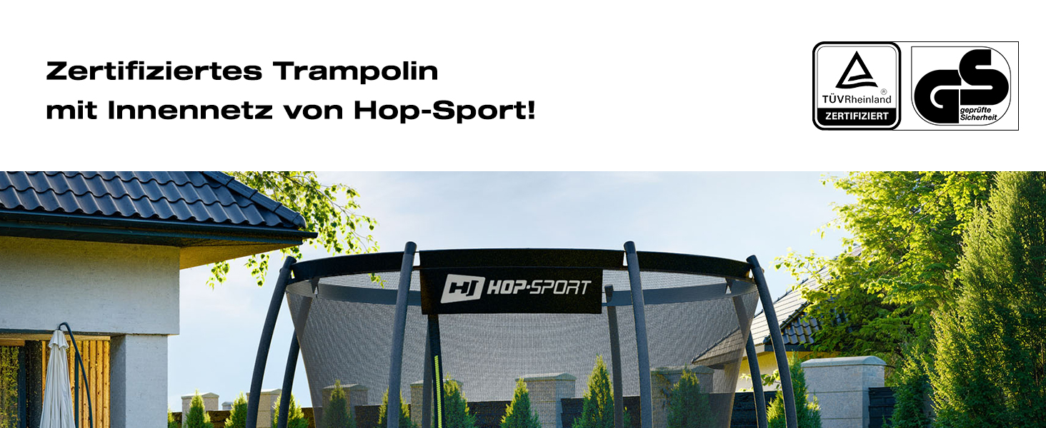 Трамплін Hop-Sport Outdoor – діаметр 244/305/366/427/488 см. Комплект з захисним сіткою, вигнутими ніжками та сертифікатами безпеки. З драбиною та захисним бордюром.