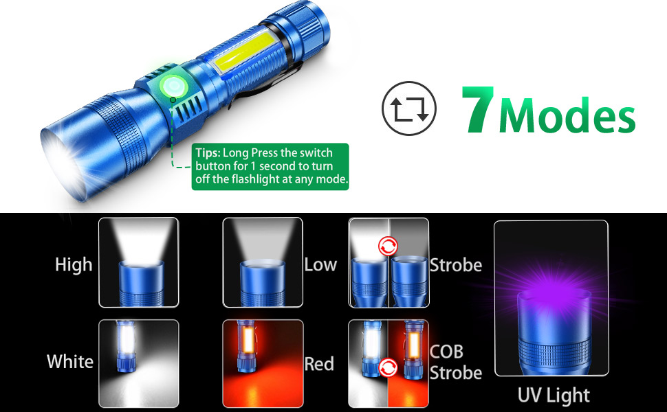 Ліхтарик Karrong LED з USB-зарядкою: Ультрафіолетовий (UV 395нм) та червоний світло, 7 режимів, магнітний корпус, акумулятор, для кемпінгу та походів (Синій, 2 шт)