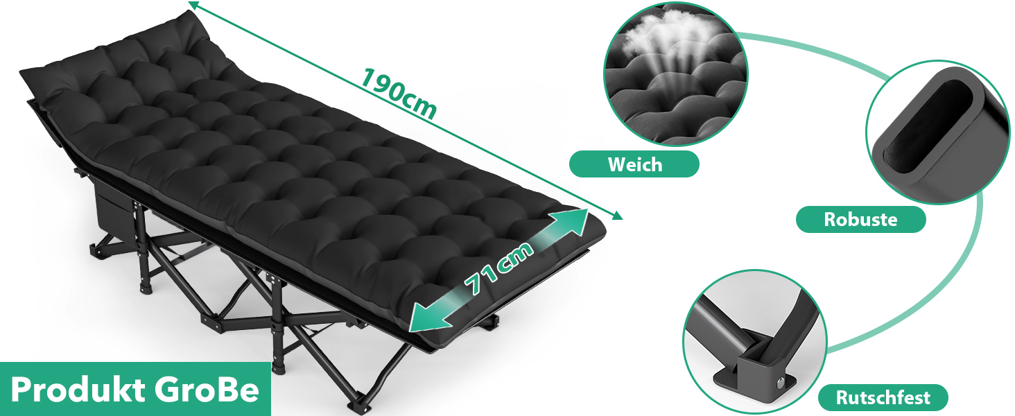 Розкладне ліжко-тахта для кемпінгу з матрацом, сталеве, чорне, 190x71x35 см