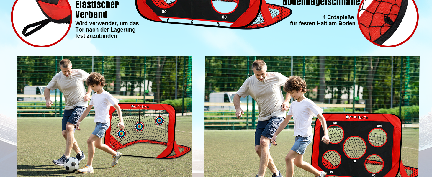 Дитячі ворота для футболу CATCHLUCK - Pop Up ворота з 6 перешкодами, мішком для перенесення (Червоні)